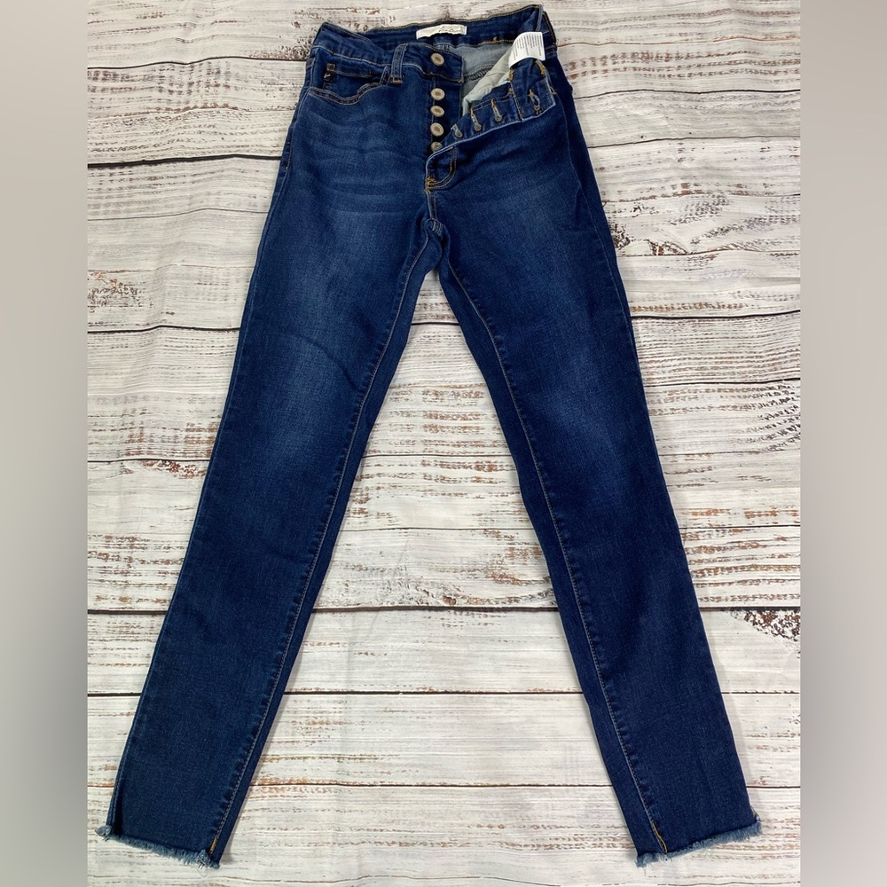 KanCan Jeans Women’s 3/25 Estilo High Rise Skinny Button Fly Dark Wash Raw Hem